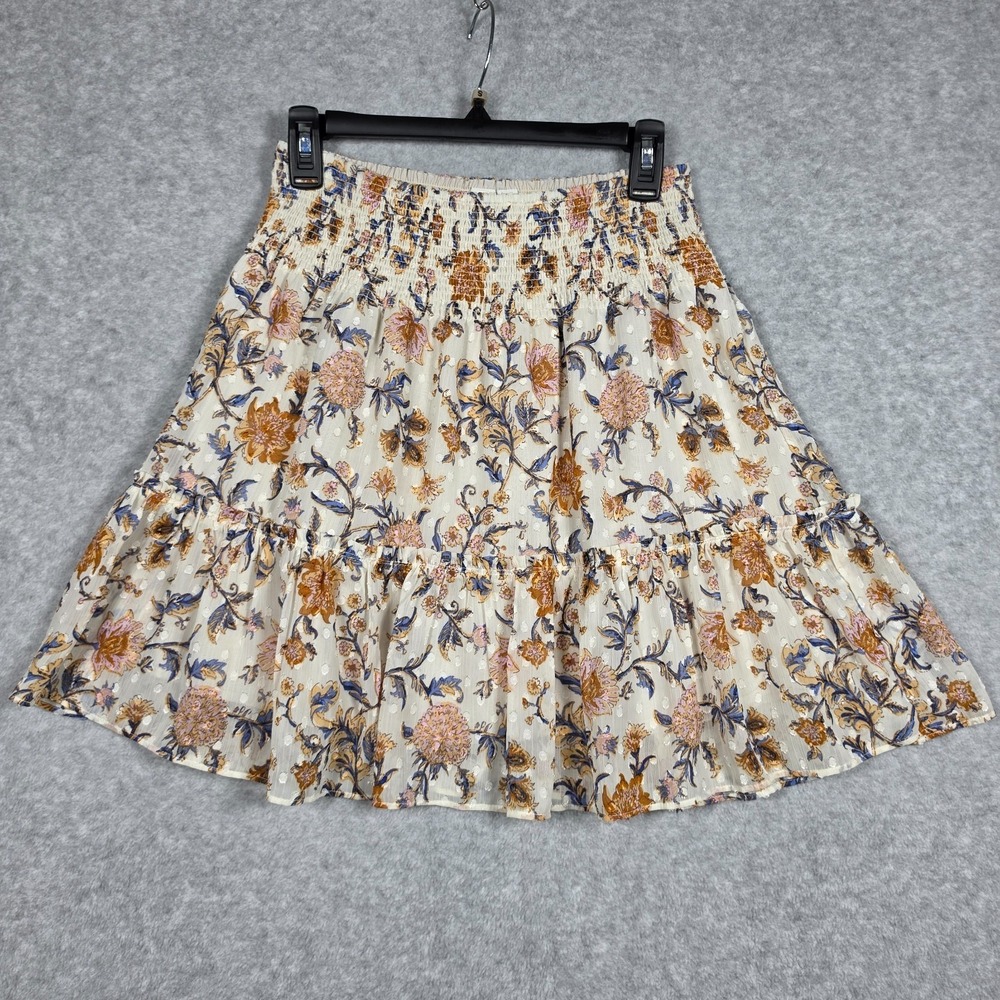 Joie Mini Skirt Size Small Cream Floral Smocked Stretch Waist Ruffled Hem Tiered